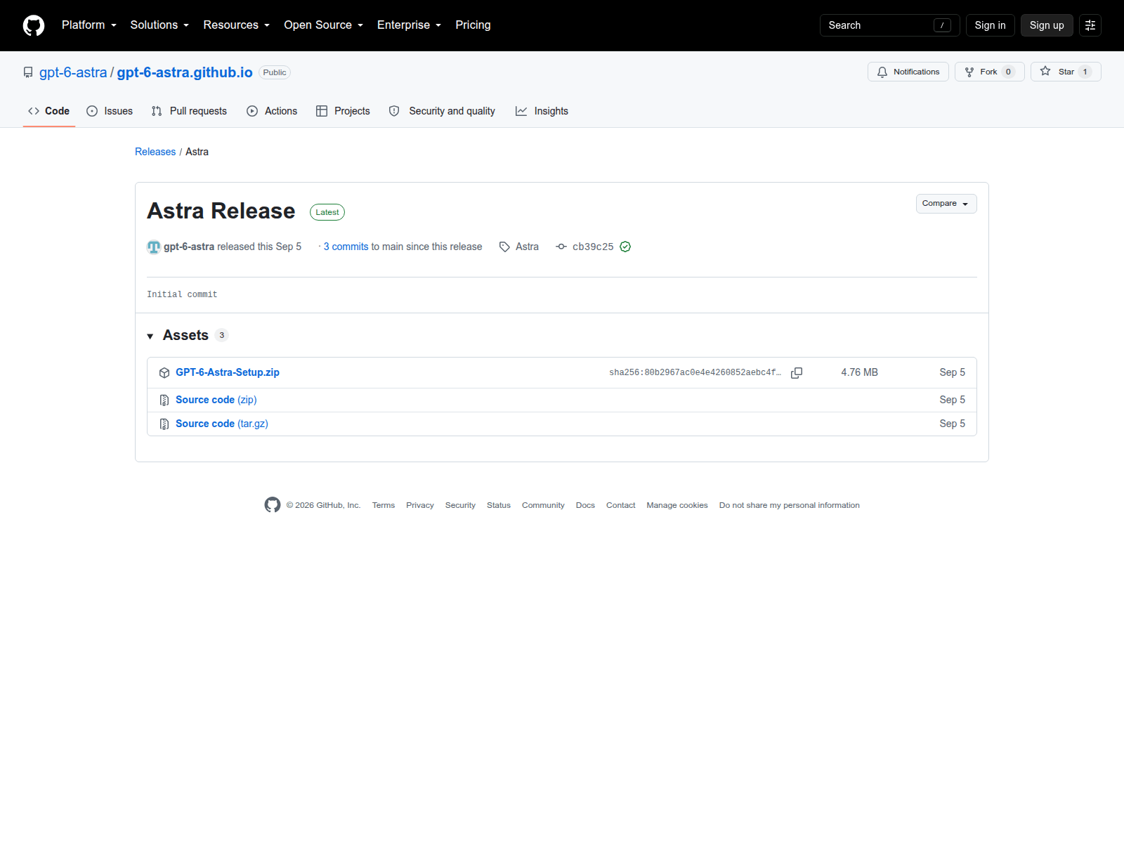 The fake GitHub release page, since removed: account gpt-6-astra, repository gpt-6-astra[.]github[.]io, release "Astra Release" published Sep 5 with tag Astra and commit cb39c25, offering GPT-6-Astra-Setup.zip.